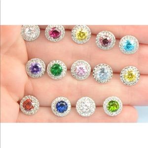 14k Solid White Gold CZ Halo Stud Earrings